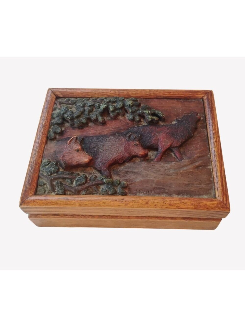 Hand Carved Wood Wild Boar Cigar Dresser Box Signed Stuart Bond Big Sky Carvers